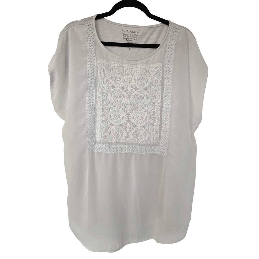 Chicos White Boho Embroidered Short Sleeve Blouse Sz L Cottagecore Fairy Bridal - Picture 2 of 6